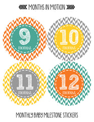 MONTHS IN MOTION Monthly Baby Stickers Infant UNISEX Month Milestone Photo Prop - Monthly Baby Sticker