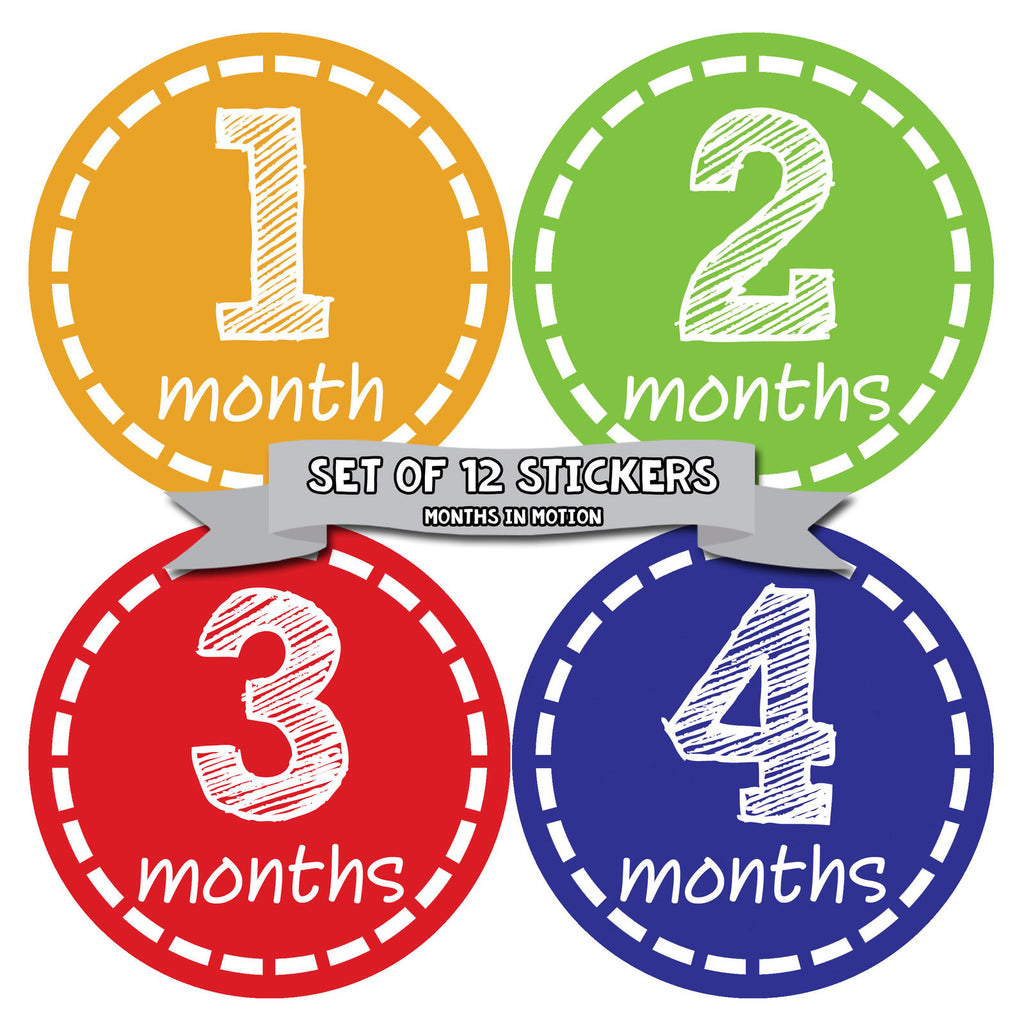 Months in Motion 023 Monthly Baby Stickers Gender Neutral Months 1-12 - Monthly Baby Sticker