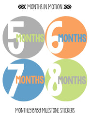 Months in Motion 299 Baby Month Stickers for Newborn Boy Blue Green - Monthly Baby Sticker