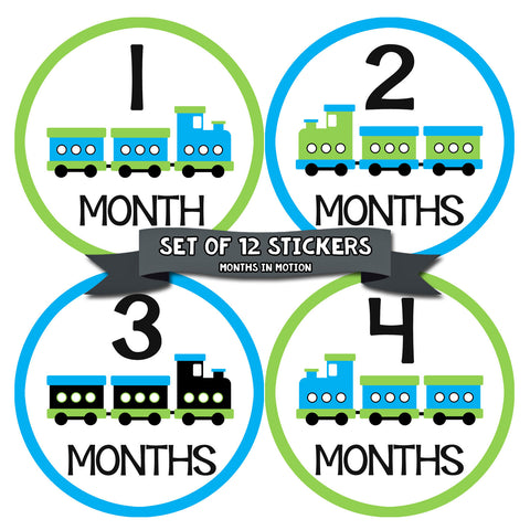 Monthly Baby Stickers Boy Trains Month 1-12 Milestone