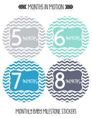 Months in Motion 142 Monthly Baby Stickers Milestone Age Sticker Boy Chevron - Monthly Baby Sticker
