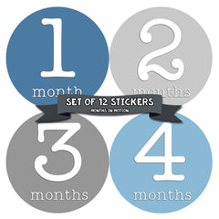 Months in Motion 253 Baby Month Stickers for Newborn Boy Blue Grey - Monthly Baby Sticker