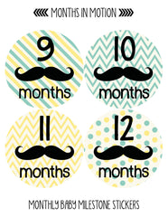 Months in Motion Baby Month Stickers for Newborn Boy Mustache (266) - Monthly Baby Sticker