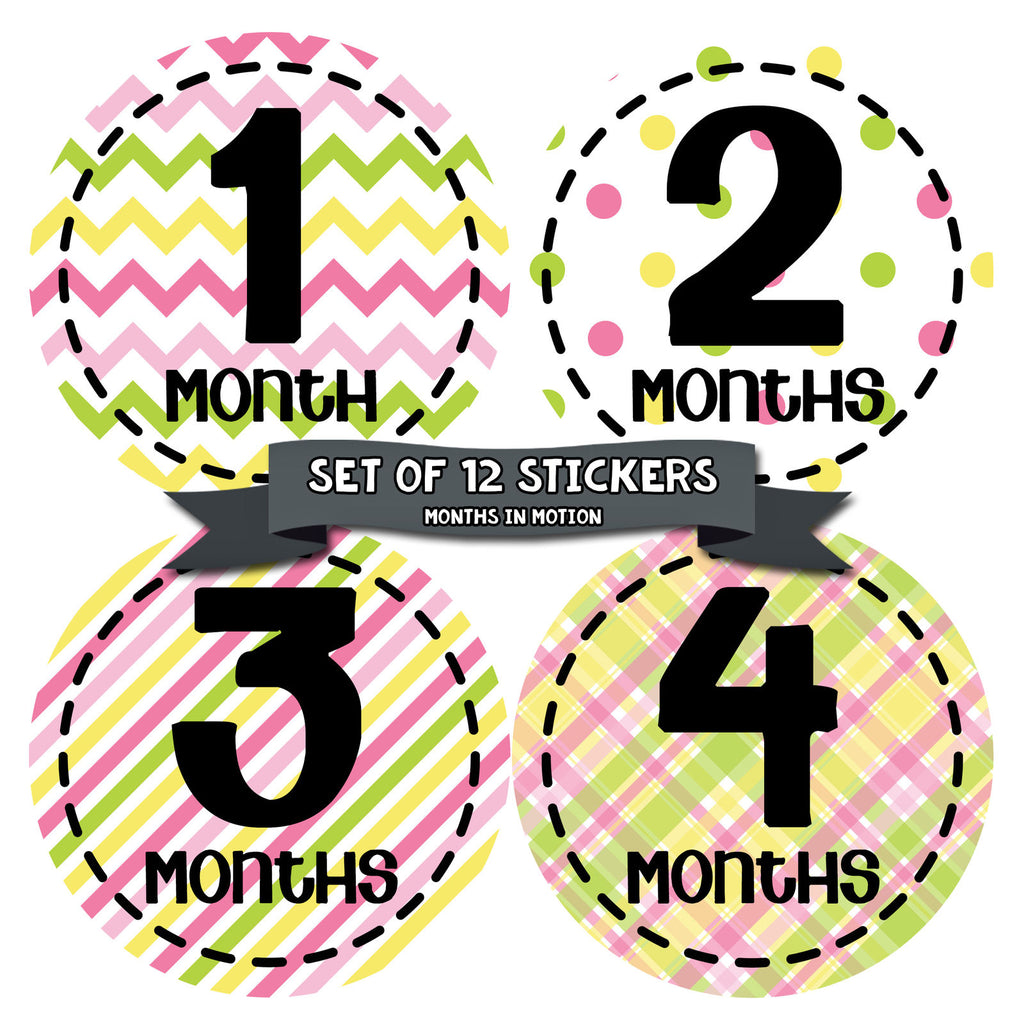 Months in Motion 269 Baby Month Stickers for Newborn Girl Pink Green Yellow - Monthly Baby Sticker