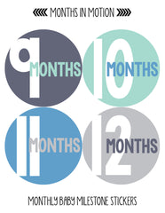 Months in Motion 298 Baby Month Stickers for Newborn Boy Blue Green - Monthly Baby Sticker