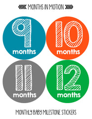 Months in Motion 143 Monthly Baby Stickers Milestone Age Sticker Photo Prop - Monthly Baby Sticker