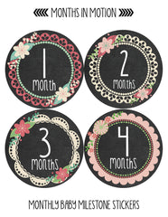 Months in Motion 352 Monthly Baby Stickers Baby Girl - Months 1-12 - Chalkboard - Monthly Baby Sticker