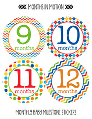 Months in Motion 192 Baby Boy Month Stickers for Newborn Primary Colors - Monthly Baby Sticker
