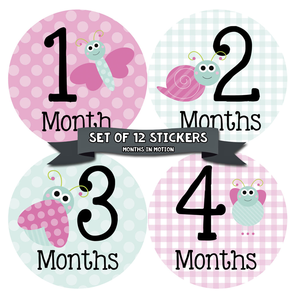 Months in Motion 317 Monthly Baby Girl Stickers Pink Cute Bugs Months 1-12 - Monthly Baby Sticker