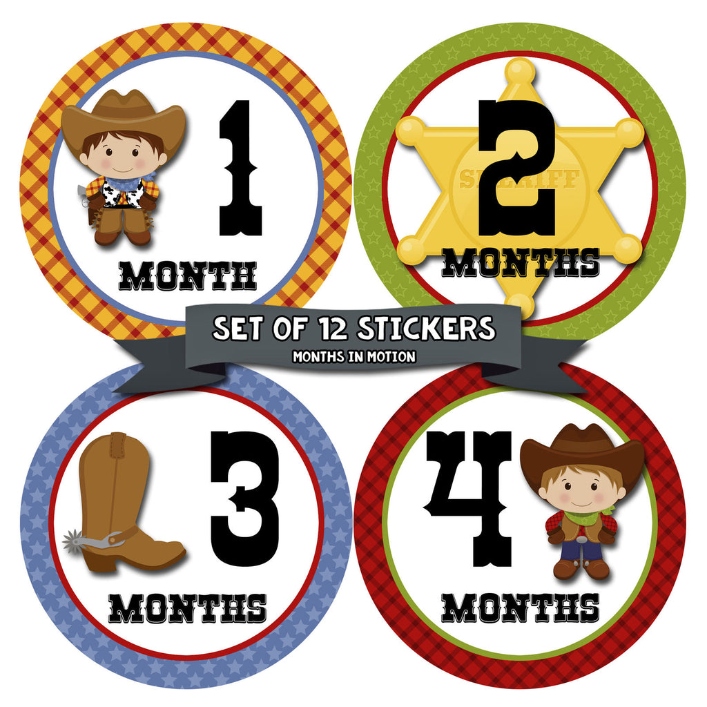 Months in Motion 340 Monthly Baby Stickers Baby Boy Months 1-12 Cowboy Western - Monthly Baby Sticker
