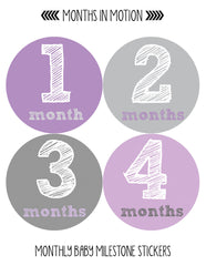 Months in Motion 215 Baby Month Stickers Baby Girl Months 1-12 Purple Grey - Monthly Baby Sticker