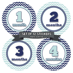 Months in Motion 326 Baby Month Stickers for Newborn Boy Blue Chevron - Monthly Baby Sticker