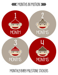 Months in Motion 049 Monthly Baby Stickers Red Sock Monkey Months 1-12 Milestone - Monthly Baby Sticker