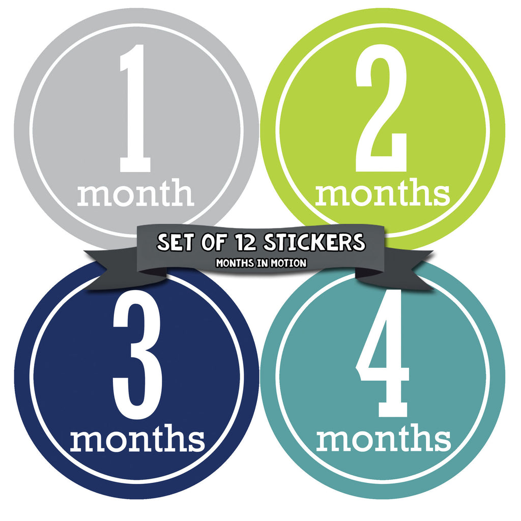 MONTHS IN MOTION Monthly Newborn Baby BOY Milestone Stickers Photo Prop