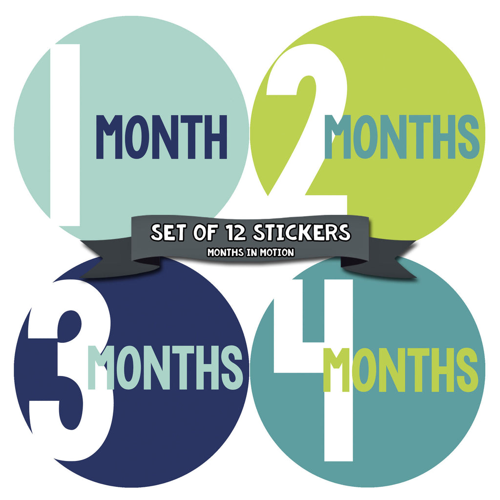 Months in Motion 300 Baby Month Stickers for Newborn Boy Blue Green - Monthly Baby Sticker