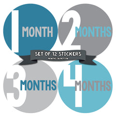 Months in Motion 304 Baby Month Stickers for Newborn Boy Blue Grey- Style 304 - Monthly Baby Sticker