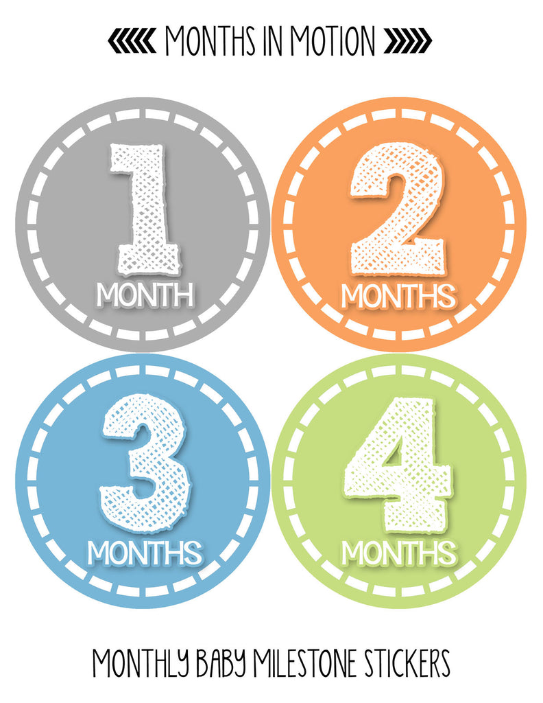 Months in Motion 072 Monthly Baby Stickers Baby Boy Month 1-12 Milesto –  Months In Motion