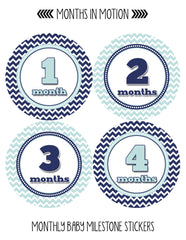 Months in Motion 326 Baby Month Stickers for Newborn Boy Blue Chevron - Monthly Baby Sticker