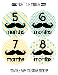 Months in Motion Baby Month Stickers for Newborn Boy Mustache (266) - Monthly Baby Sticker