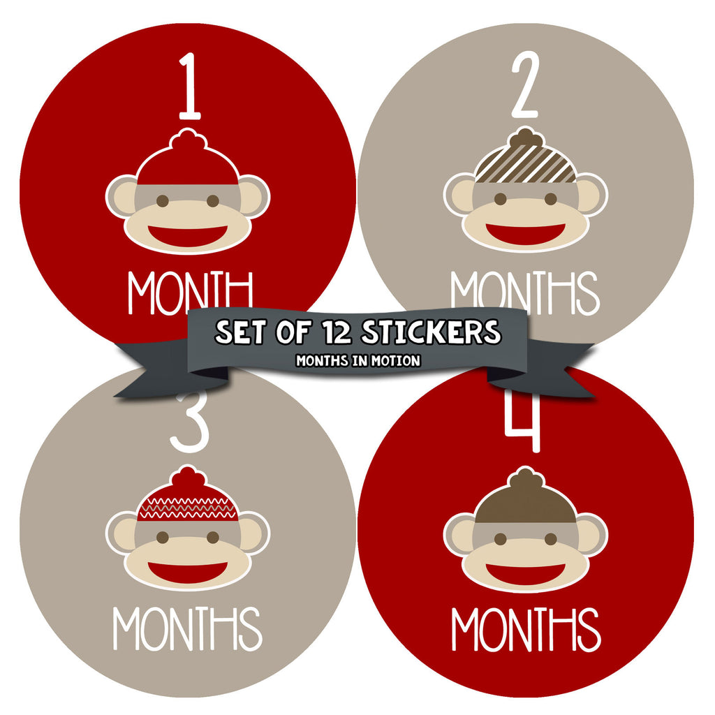 Months in Motion 049 Monthly Baby Stickers Red Sock Monkey Months 1-12 Milestone - Monthly Baby Sticker