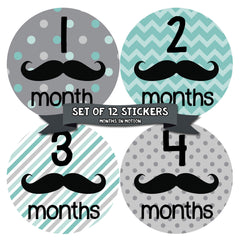 Months in Motion 161 Monthly Baby Stickers Baby Boy 12 Month Milestone Mustache - Monthly Baby Sticker