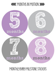Months in Motion 215 Baby Month Stickers Baby Girl Months 1-12 Purple Grey - Monthly Baby Sticker