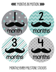 Months in Motion 161 Monthly Baby Stickers Baby Boy 12 Month Milestone Mustache - Monthly Baby Sticker