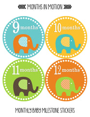 Months in Motion 133 Monthly Baby Stickers Gender Neutral Elephants Months 1-12 - Monthly Baby Sticker