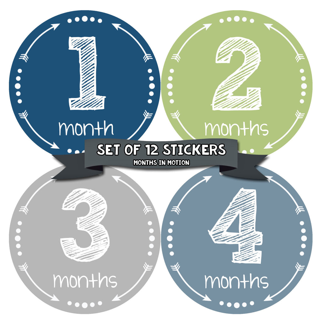 Months in Motion Monthly Baby Stickers Baby Boy Month 1-12 Milestone Sticker - Monthly Baby Sticker