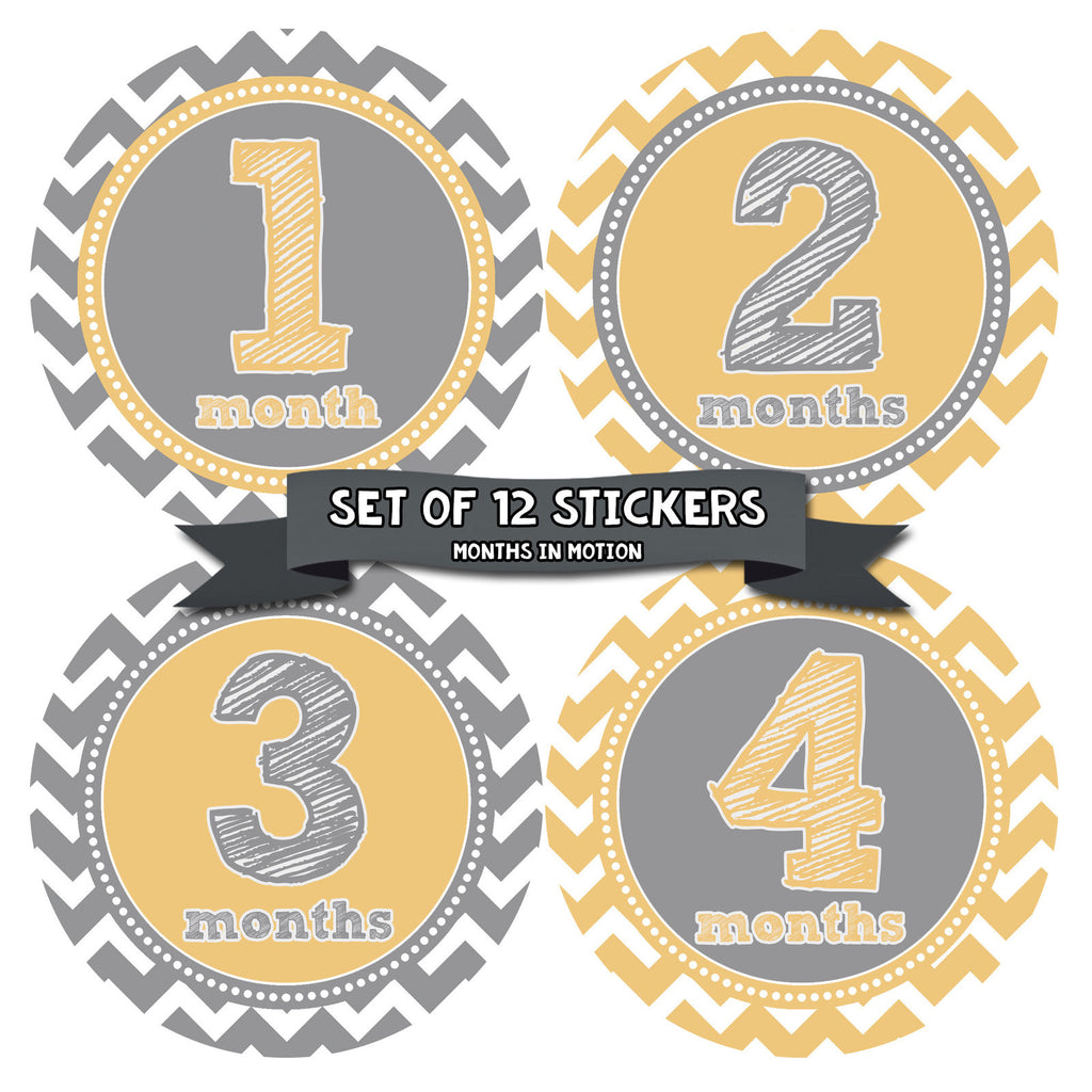 Months in Motion 282 Monthly Baby Stickers Milestone Photo Prop Yellow Chevron - Monthly Baby Sticker