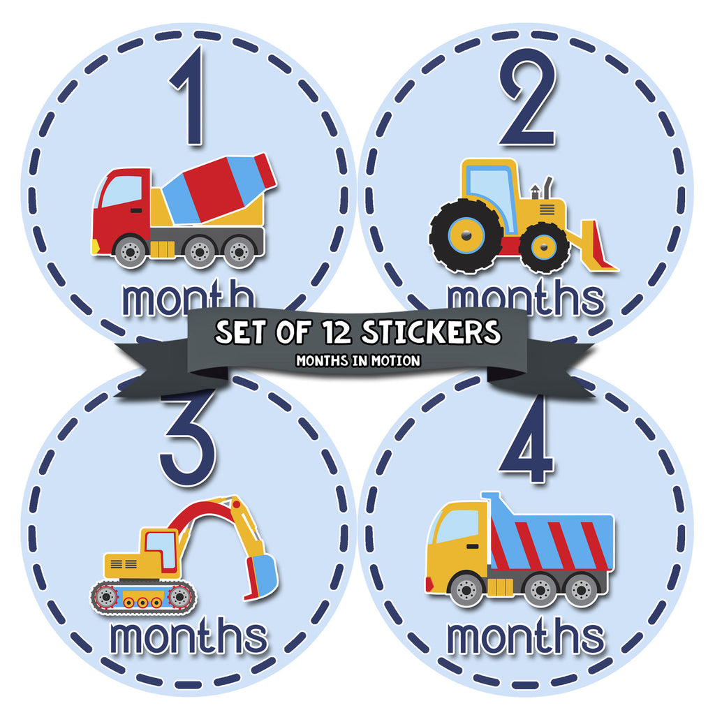 Monthly Baby Stickers Construction Trucks Baby Boy Month 1-12 Milestone Sticker - Monthly Baby Sticker