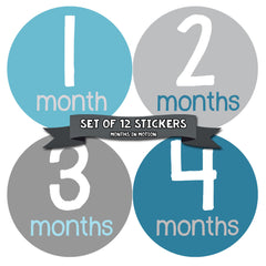 Months in Motion 158 Baby Month Stickers for Newborn Boy Blue Grey - Monthly Baby Sticker
