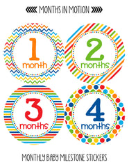 Months in Motion 318 Baby Boy Month Stickers for Newborn Primary Colors - Monthly Baby Sticker