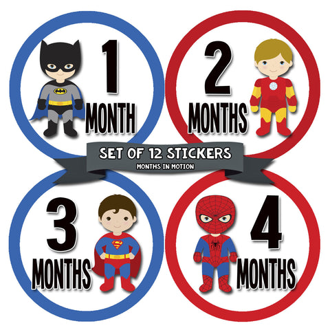 Monthly Baby Stickers Superhero Baby Boy Month 1-12 Milestone Age Sticker Photo