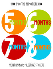 Months in Motion 290 Baby Month Stickers for Newborn Boy Red Blue Orange - Monthly Baby Sticker