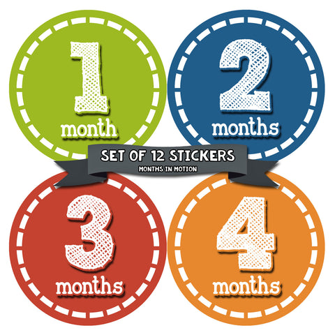Months in Motion 082 Monthly Baby Stickers Baby Boy Month 1-12 Milestone Age