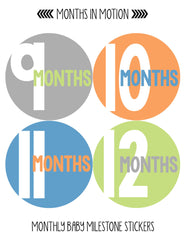 Months in Motion 299 Baby Month Stickers for Newborn Boy Blue Green - Monthly Baby Sticker