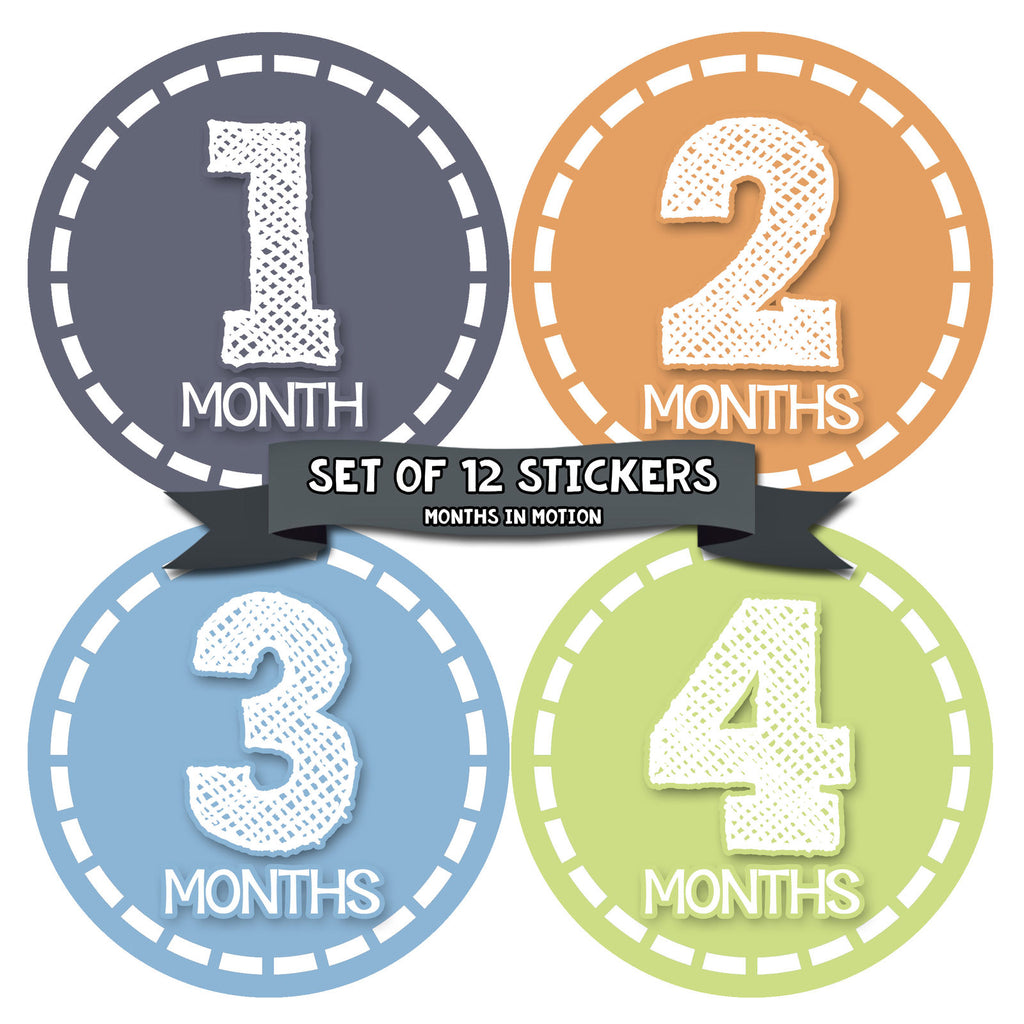 Months in Motion 369 Monthly Baby Stickers Baby Boy Months 1-12 Milestone Photo - Monthly Baby Sticker