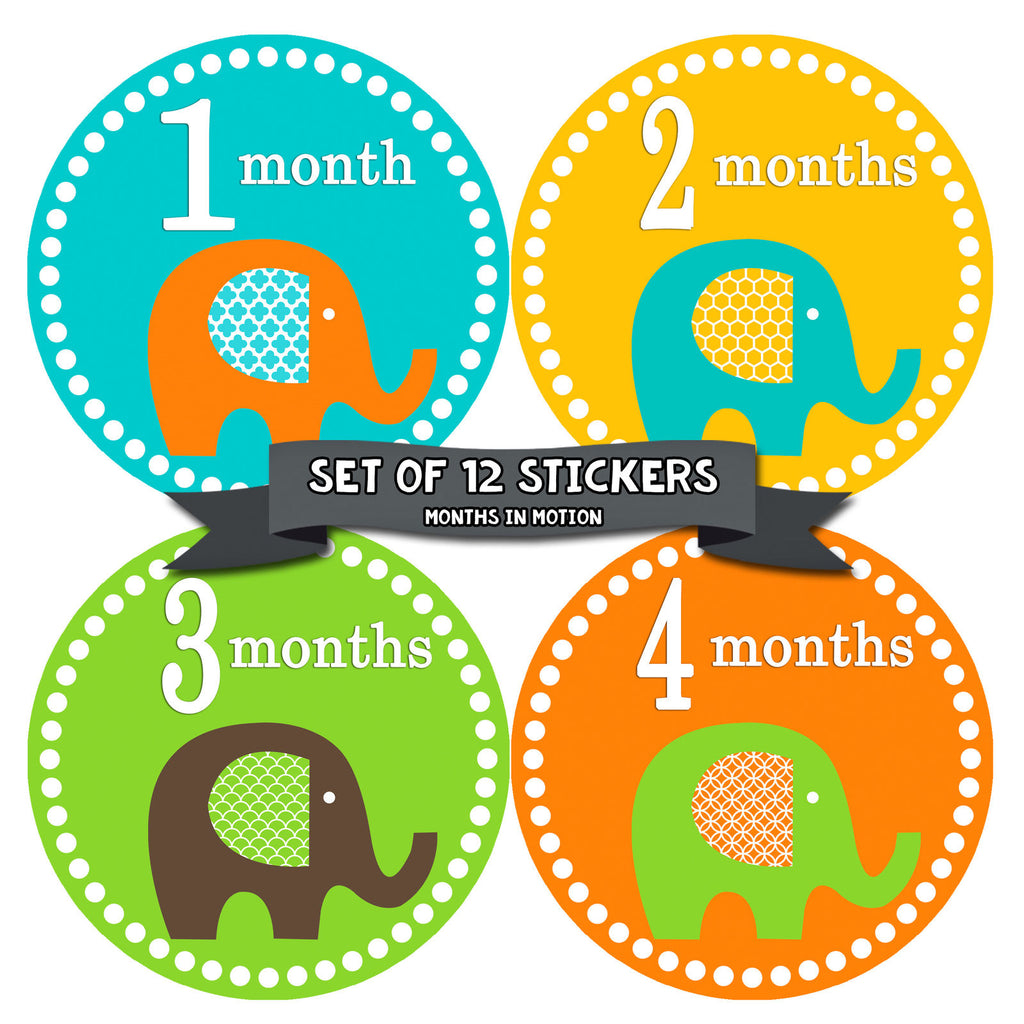 Months in Motion 133 Monthly Baby Stickers Gender Neutral Elephants Months 1-12 - Monthly Baby Sticker