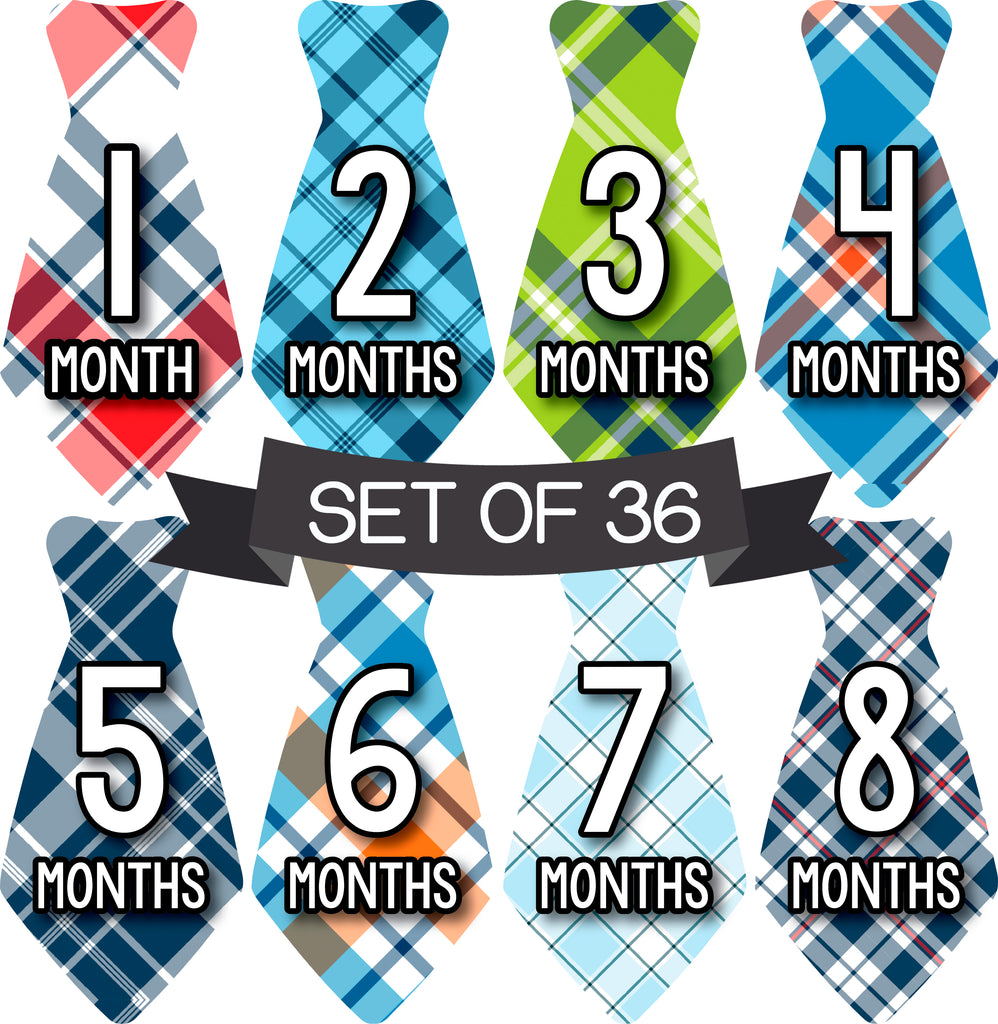 36 Sticker Set Baby Boy Monthly Milestone Tie Stickers for 1st Year | Includes Months, Milestones, and Holidays